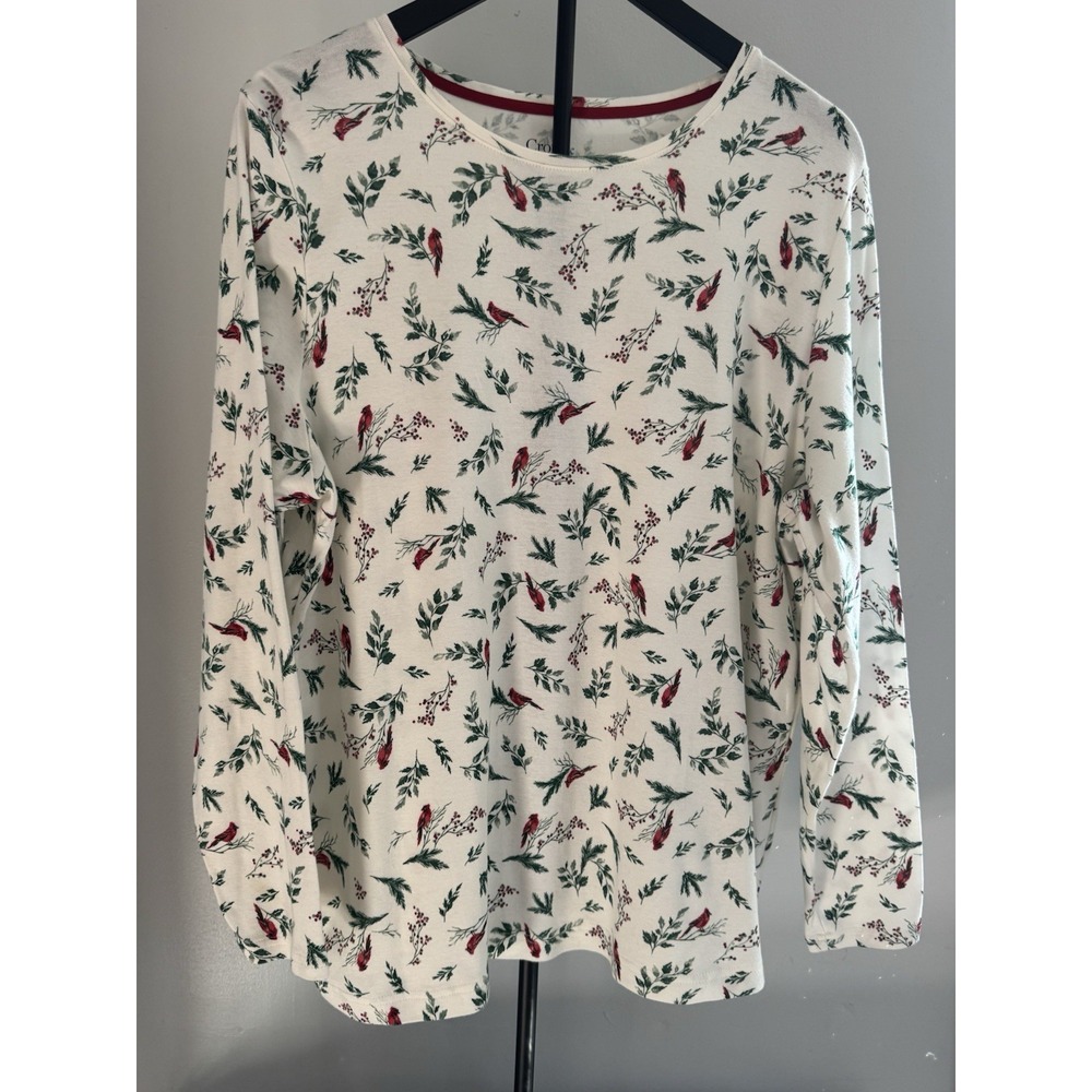 Croft & Barrow Classic Tee 1X Cardinal Bird Botanical Print Cozy Cottagecore Top